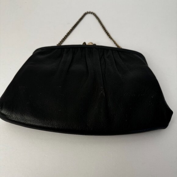 Liebermanns Lansing Michigan Black Leather Evening Clutch Dainty Gray Gold Chain - Picture 3 of 10